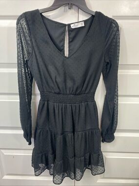 Hollister Black Layered Sheer Elastic-Waist Dress Ruffle Wedding Guest Dress XS